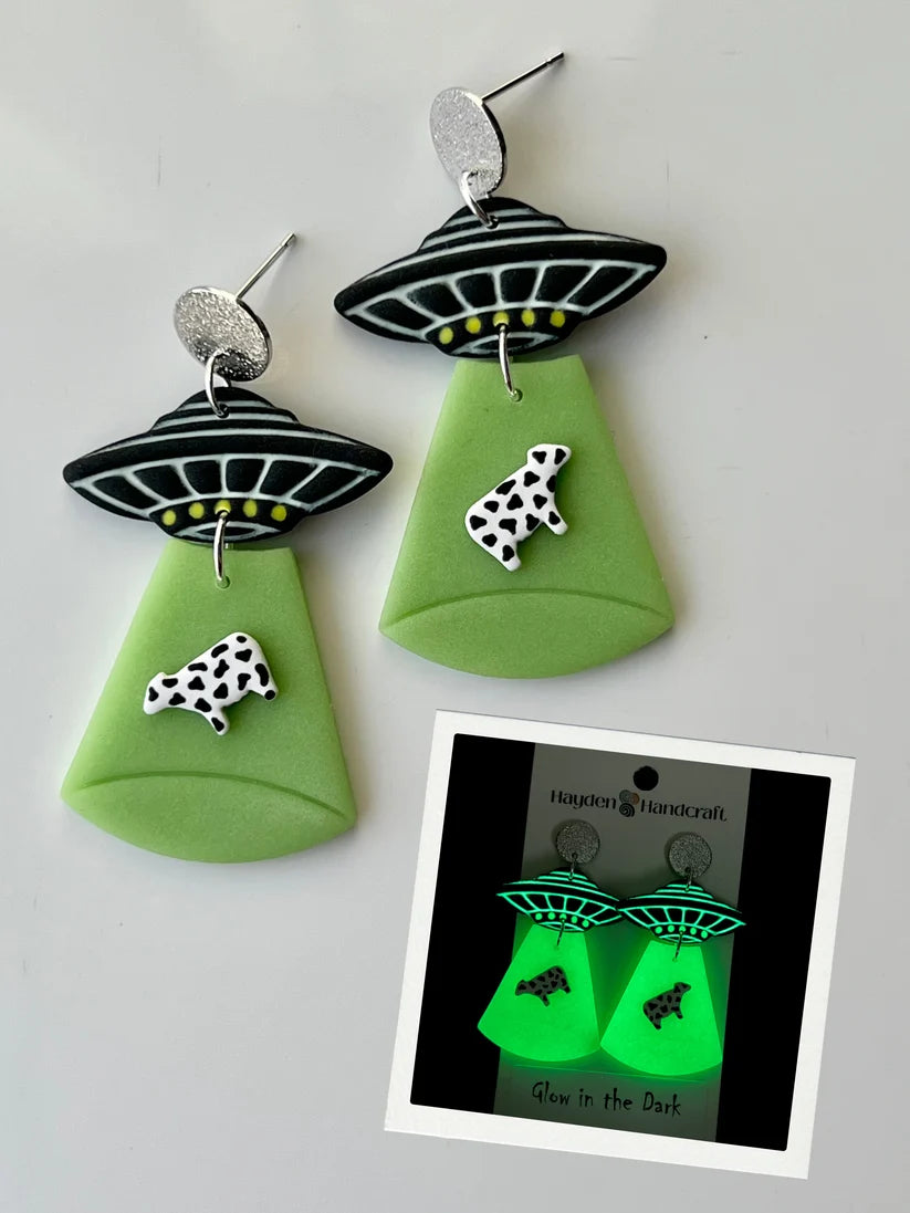 Glow in the Dark UFO Cow Polymer Clay Earrings